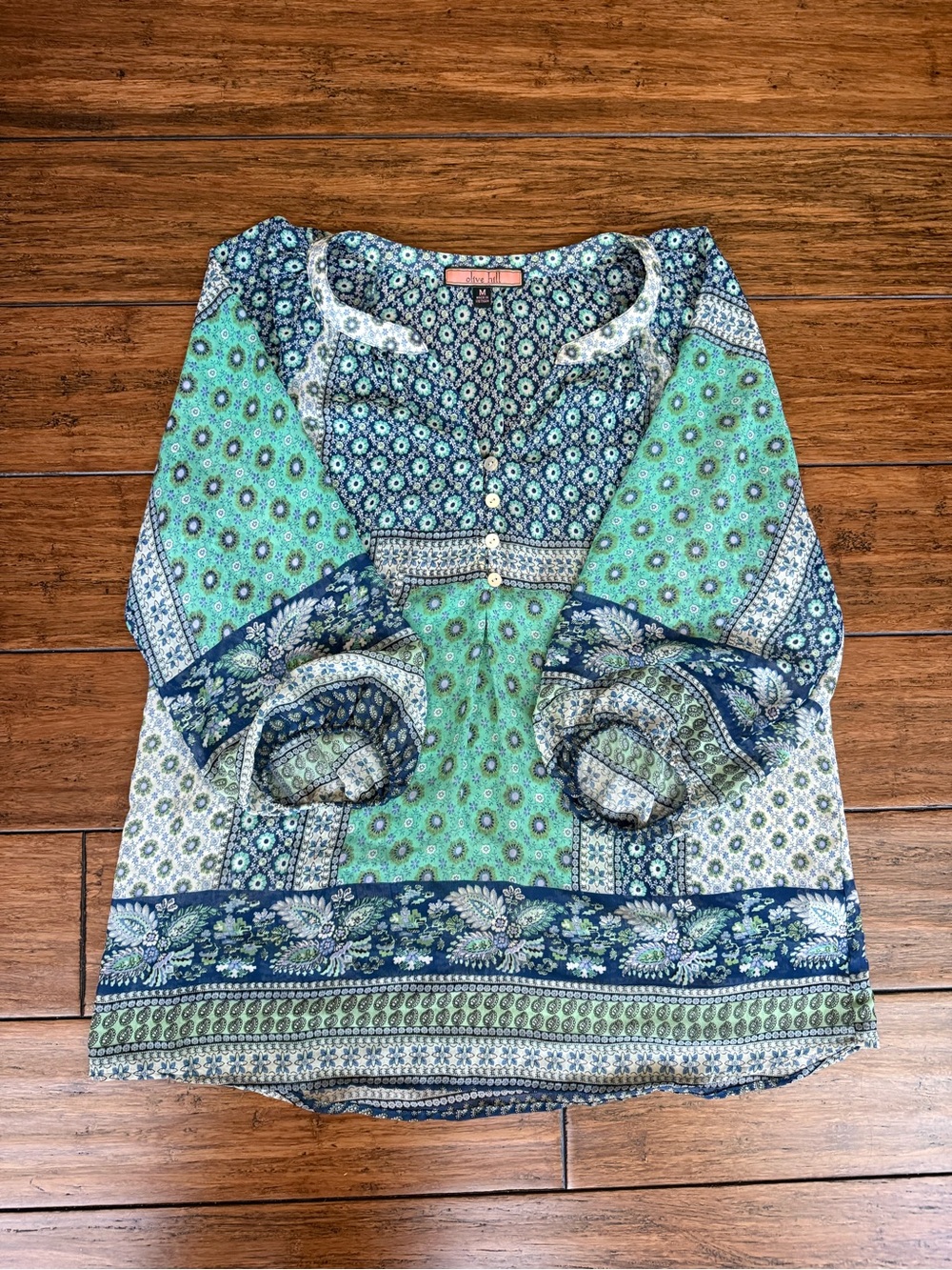 Olive Hill Anthropologie Boho Floral Print Peasant Blouse Teal & Navy Size M